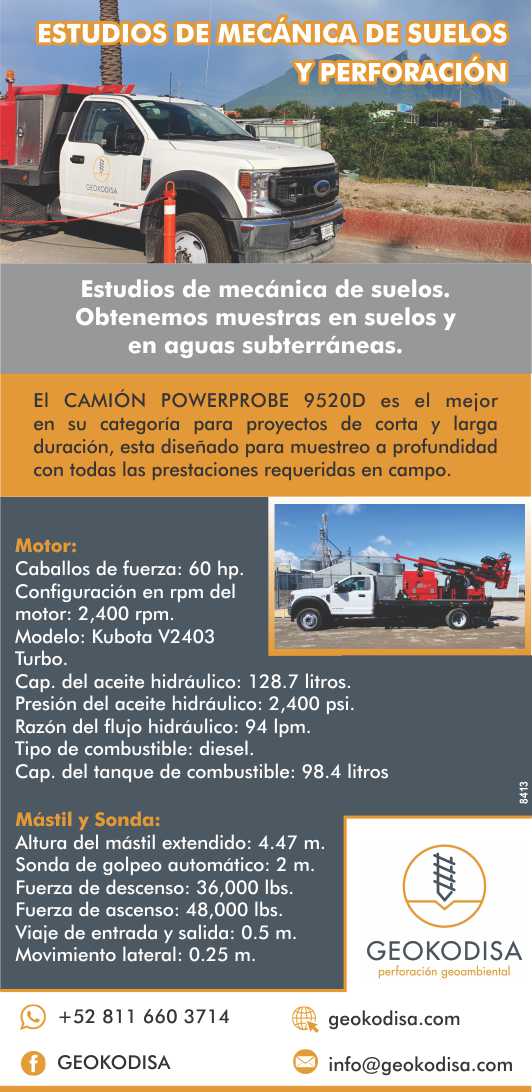 We obtain samples in soil and underground water. The Powerprobe 9520D Truck is designed for depth sampling, with all the features required in the field. We obtain samples in soil and underground water. The Powerprobe 9520D Truck is designed for depth sampling, with all the features required in the field.