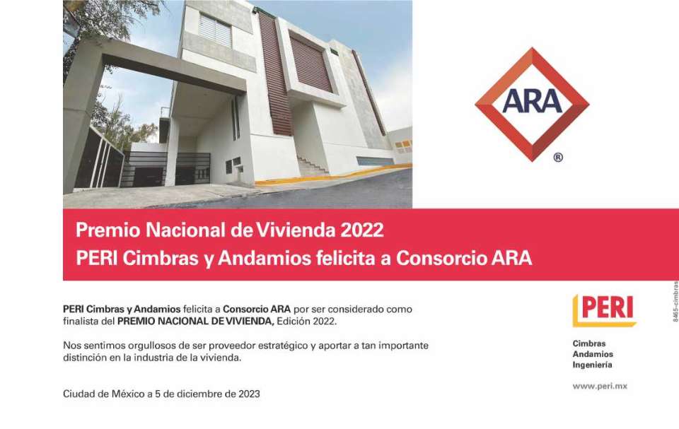 PERI Cimbras y Andamios felicita a Consorcio ARA por ser considerado como finalista del PREMIO NACIONAL DE VIVIENDA edicion 2022. Nos sentimos orgullosos de ser PROVEEDOR ESTRATEGICO.