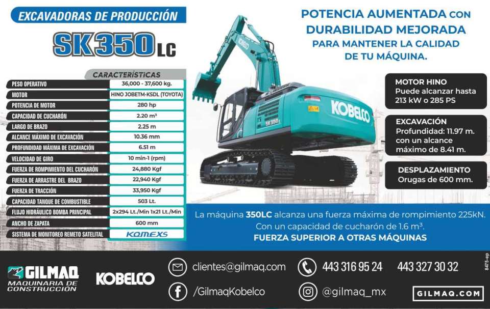 Excavadoras de Produccion SK350LC La maquina 350LC alcanza una fuerza maxima de rompimiento 225kN. Con una capacidad de cucharon de 1.6 m3. Gil Maquinaria para Construccion.