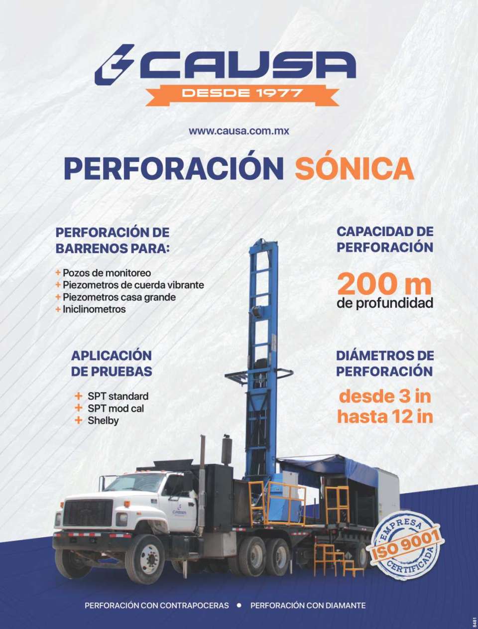 SONIC drilling. Drilling Capacity 200 m. deep, drilling diameters from 3 in. to 12 in. Drilling of Holes for Monitoring Wells, Piezometers and Iniclinometers.