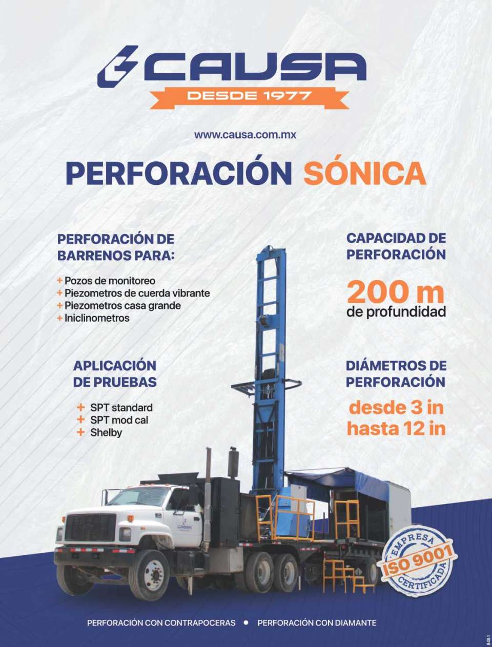 Perforacion SONICA. Capacidad de Perforacion 200 m. de profundidad, Diametros de perforacion desde 3 in hasta 12 in. Perforacion de Barrenos para Pozos de monitoreo, Piezometros e Iniclinometros. Perforacion SONICA. Capacidad de Perforacion 200 m. de profundidad, Diametros de perforacion desde 3 in hasta 12 in. Perforacion de Barrenos para Pozos de monitoreo, Piezometros e Iniclinometros.
