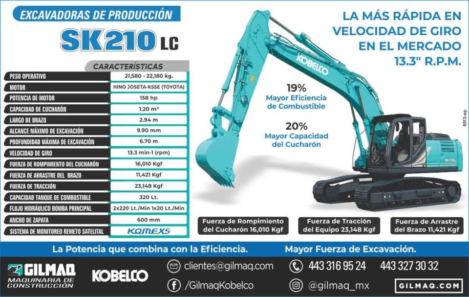 Excavadoras de Produccion SK210LC La mas rapida en velocidad de giro en el mercado 13.3 R.P.M.. La Potencia que combina con la eficiencia. Mayor fuerza de excavacion.