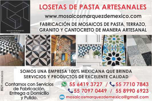 Manufacture of clay, terrazzo, granite and cantocrete mosaics in an artisanal way. 100% Mexican company. Services and Products of excellent quality.