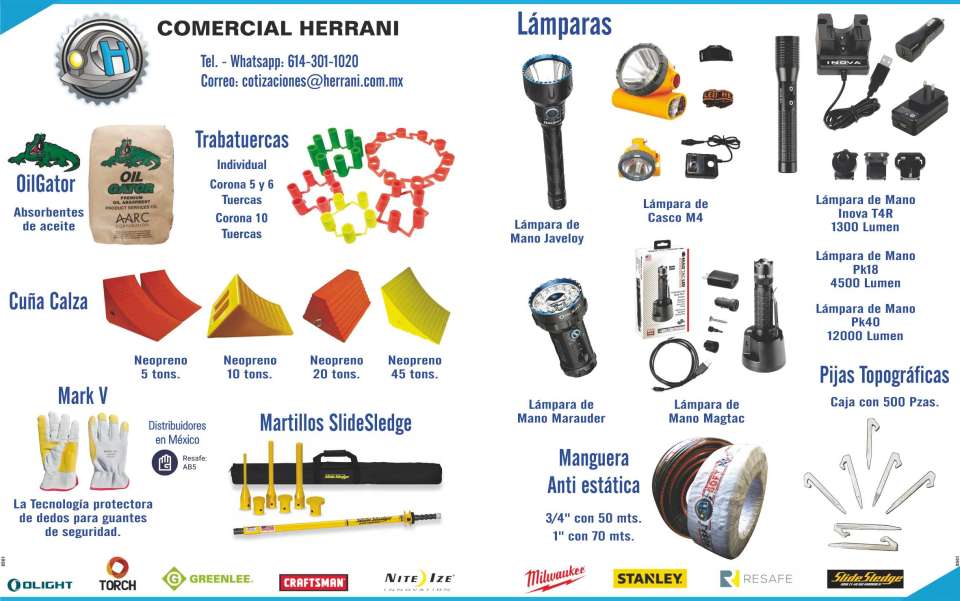 Tools and Accessories for Industry and Mining. Lamps, Instrumentation, Ecology, Security, Oil Absorbers, Security System of LOCK NUTS.