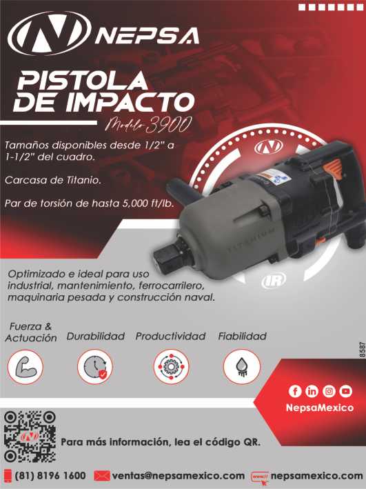 Modelo 3900, Ingersoll Rand. Disponible desde 1/1 a 1 1/2 pulgadas del cuadro. Carcasa de Titanio. Par de Torsion de hasta 5,000 ft/lb.