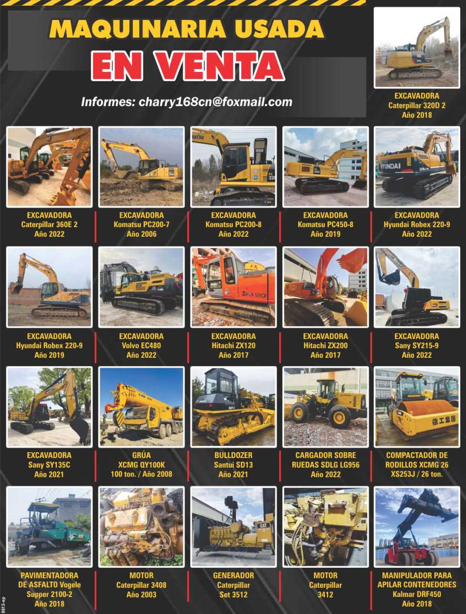 Used Heavy Equipment for Sale: Excavators, Cranes, Bulldozer, Roller Compactor, Wheel Loader, Asphalt Paver, Caterpillar Engine, Generator, Container reach stacker