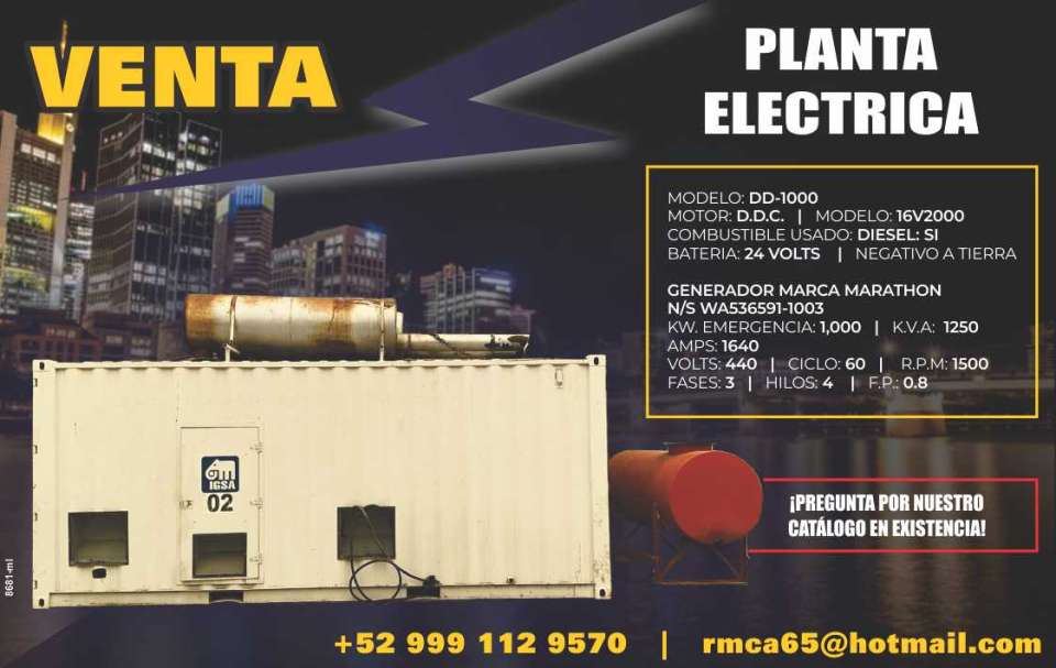 Sale of electric generator, model DD- 1000, D.D.C. engine model 16V2000, diesel fuel, 24 volt battery, negative ground. Sale of electric generator, model DD- 1000, D.D.C. engine model 16V2000, diesel fuel, 24 volt battery, negative ground.