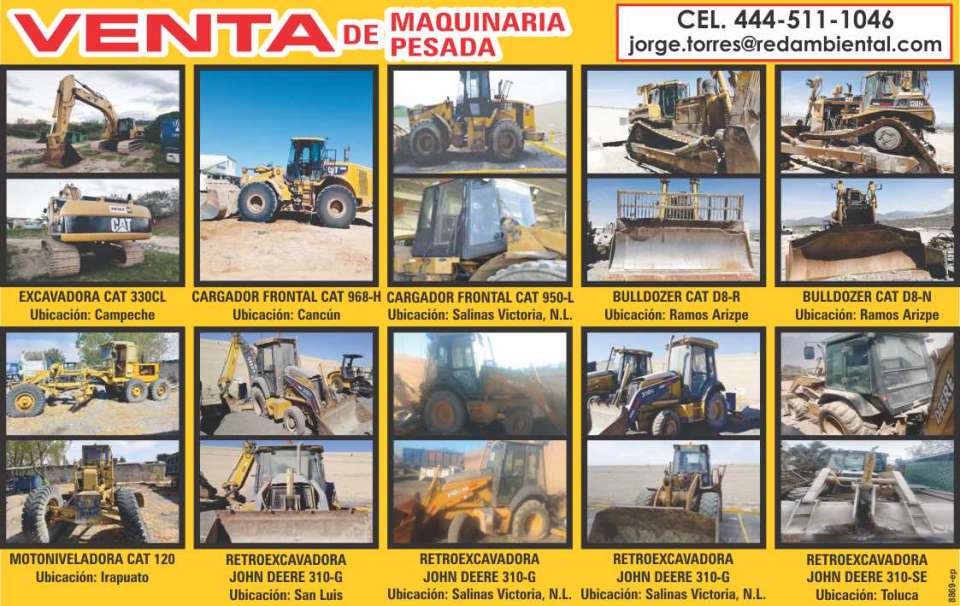 CAT 330CL Excavators, CAT 968H, CAT 950L Front Loader, CAT D8R, CAT D8N Bulldozer, CAT 120 Motor Grader, JOHN DEERE 310G and 310-SE Backhoe Loaders. For Sale. CAT 330CL Excavators, CAT 968H, CAT 950L Front Loader, CAT D8R, CAT D8N Bulldozer, CAT 120 Motor Grader, JOHN DEERE 310G and 310-SE Backhoe Loaders. For Sale.
