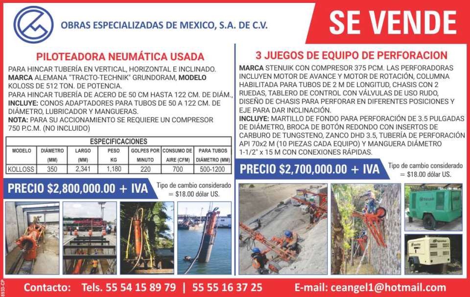 Sale of Used Tracto-Technik Grundoram Pneumatic Piling Rig, Koloss Model and Sale of 3 Stenuick Brand Drilling Rigs, Including: Down the Hole Hammer, Drill Bit, Shank, Pipe and Hose. Sale of Used Tracto-Technik Grundoram Pneumatic Piling Rig, Koloss Model and Sale of 3 Stenuick Brand Drilling Rigs, Including: Down the Hole Hammer, Drill Bit, Shank, Pipe and Hose.