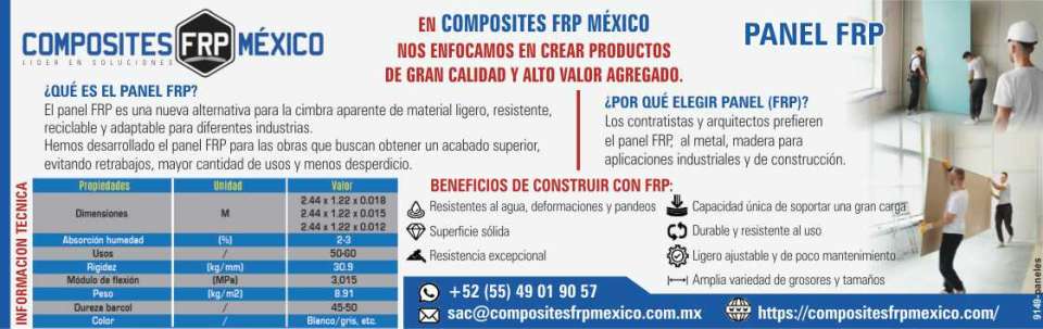 En COMPOSITES FRP MEXICO nos enfocamos en crear productos de gran calidad y alto valor agregado. El panel FRP es una alternativa para la cimbra aparente de material ligero, resistente y reciclabe.