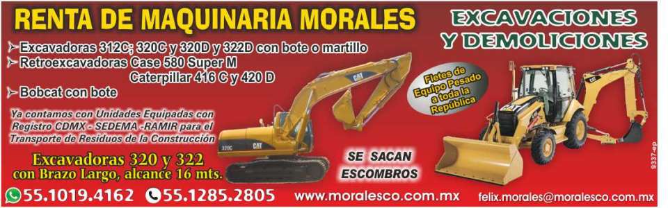 Excavations and Demolitions, Excavators c/s boat-hammer, Backhoes Case 580 Super M, Cat 416C and 420D. Bobcat with Boat. Excavators 320-322 long arm, reach of 16 meters. Ramir record.