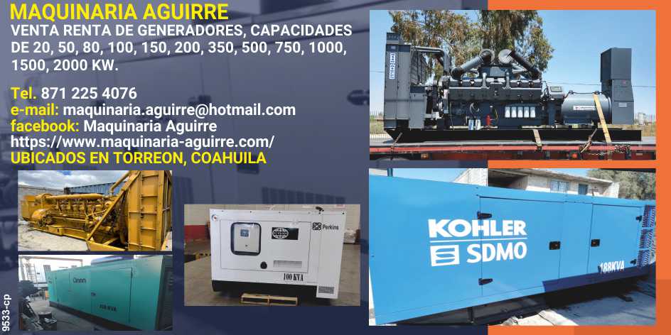 Sale and rental of generators, capacity from 20 to 2000 KW, open or acoustic booth.