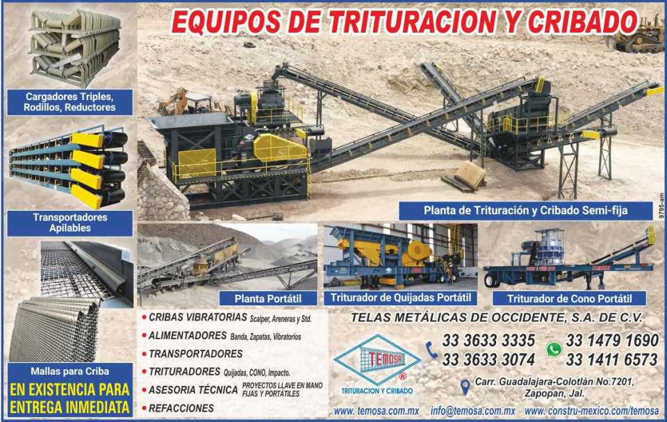 Crushing and screening equipment, spare parts for screening plants, sand scrubbers, grizzly scalper vibrating screens, triple loaders, reduction rollers, stackable conveyors.