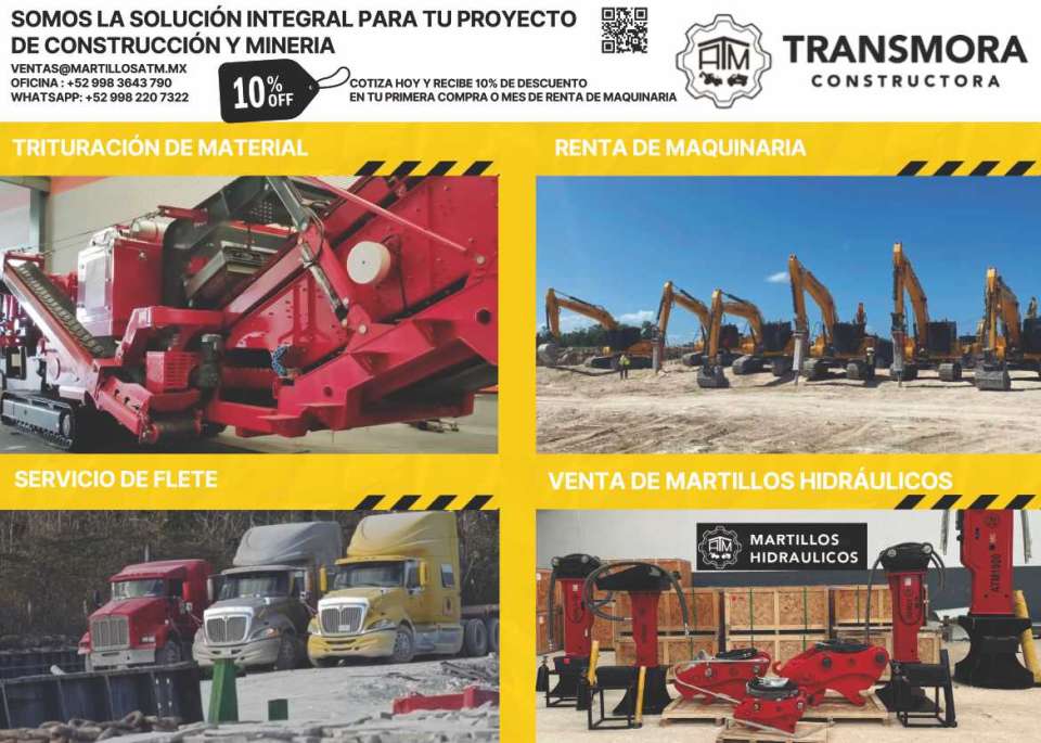 Construction and Mining Projects. Get a Quote Today and Receive a 10% Discount. Material Crushing, Machinery Rental, Hydraulic Hammers. Freight Service. ATM Transmora Constructora Construction and Mining Projects. Get a Quote Today and Receive a 10% Discount. Material Crushing, Machinery Rental, Hydraulic Hammers. Freight Service. ATM Transmora Constructora